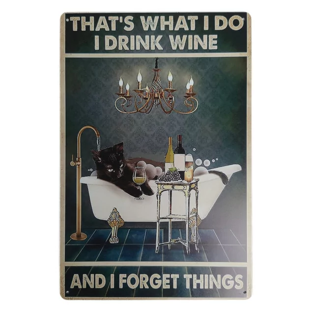 Blechschild Katze in Badwann mit Wein und lustigem Text