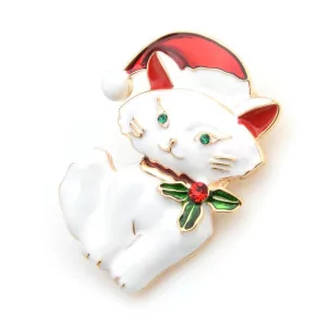 Weihnachtsbrosche weiße Katze mit Mütze und Mistelzweig