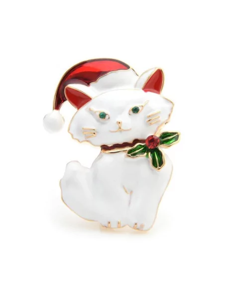 Brosche - weiße Katze mit roter Mütze