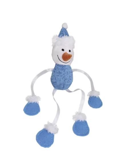 Blau-weißer Schneemann mit nettem Gesicht und langen Armen und Beinen