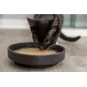 schwarzes Kitten trinkt aus einem schwarzen Futternapf eine Salmon Soup