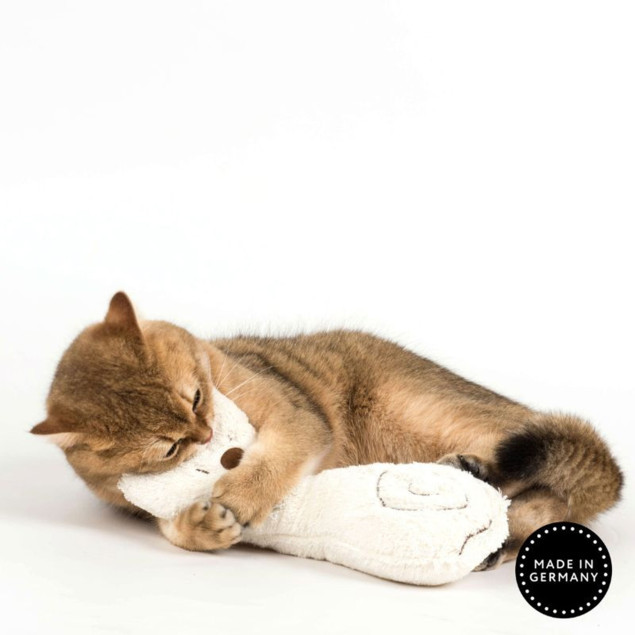 braune BKH Katze mit weißer Stoffkatze in den Vorderpfoten
