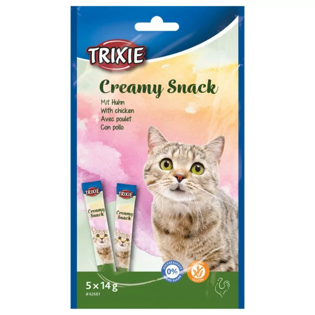 Tütet mit Creamy Snack. Bild zeigt eine Tigerkatze die freundlich guckt.