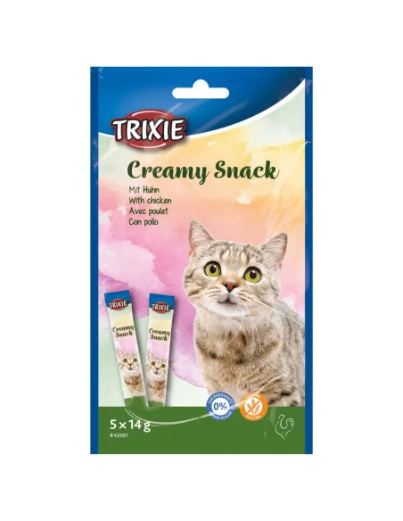 Tütet mit Creamy Snack. Bild zeigt eine Tigerkatze die freundlich guckt.