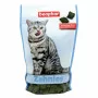 Zahnies blaue Tüte Leckerlis mit graugetigerte Katze auf der Tüte.
